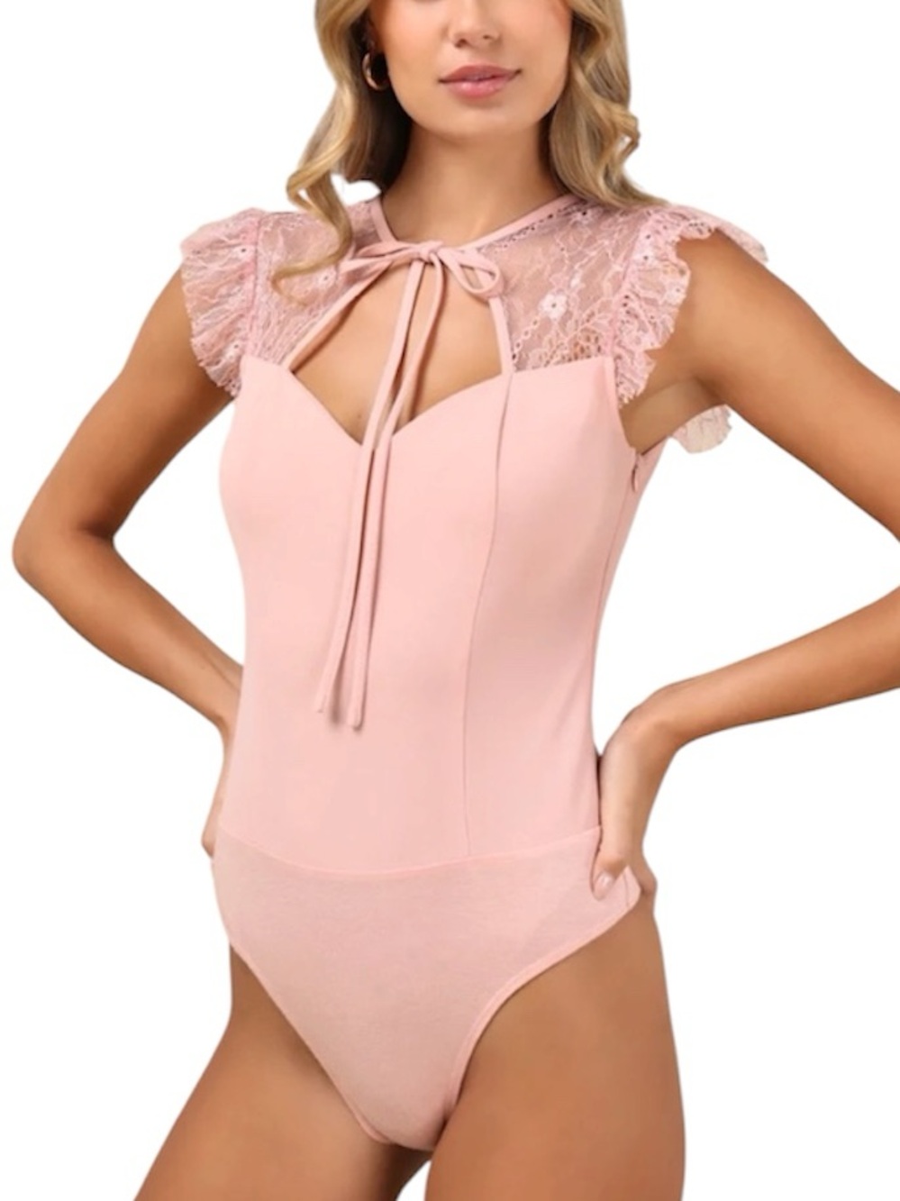 Lulus | Coveted Crush Lace Tie Neck
Bodysuit Blush Pink Size Small NWT